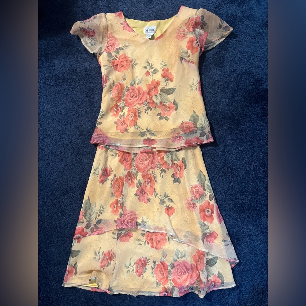 Elegant Asymmetrical Floral Dress in Yellow and Pink